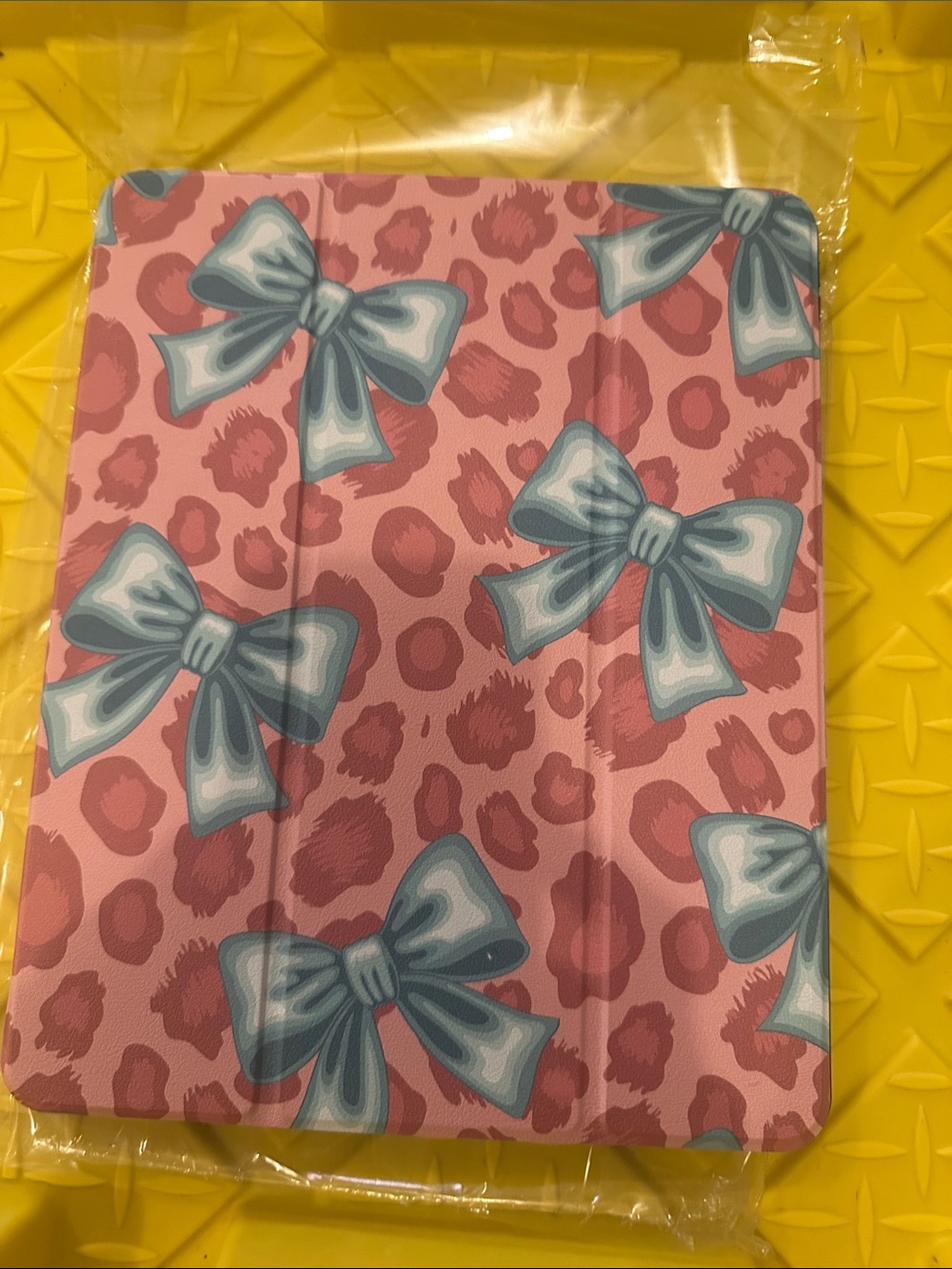 Pink Leopard Tablet Case with Blue Bow Design